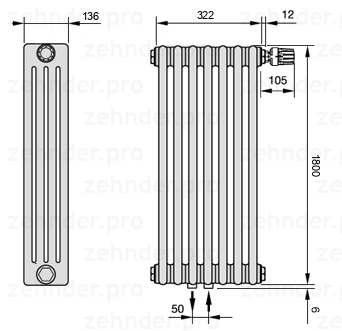 Схема (чертеж) Радиатор Zehnder Charleston 4180/7 №V008 Белый глянцевый RAL 9016